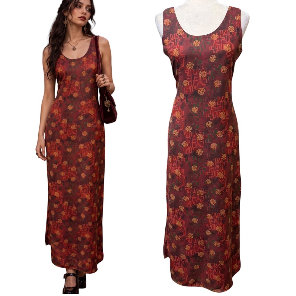 Vtg 90s Y2K Women S Geometric Maxi Dress Whimsigoth Fairycore Boho Goth Ethereal